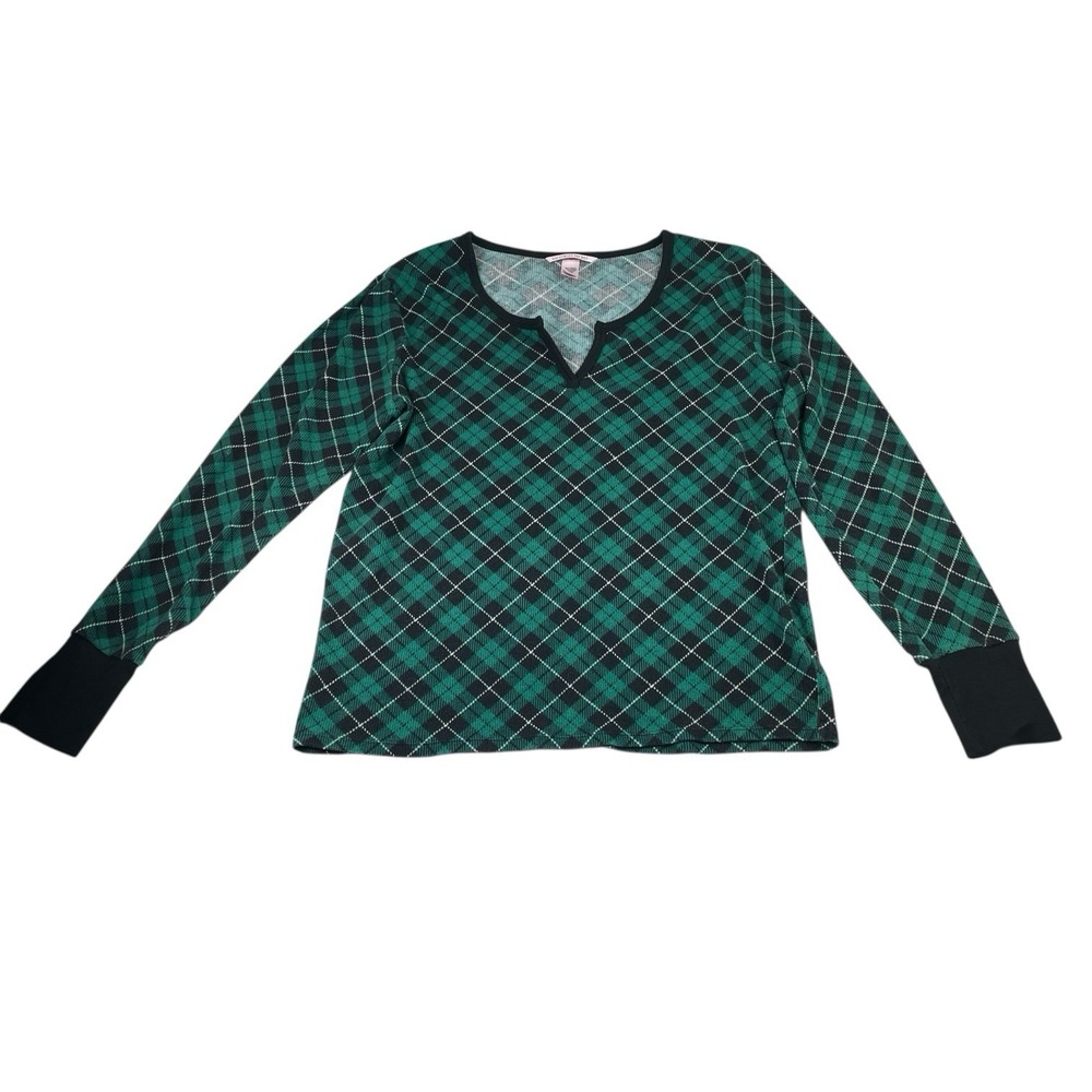 Victorias Secret Thermal Top Green Argyle Plaid Waffle Knit Loungewear Large